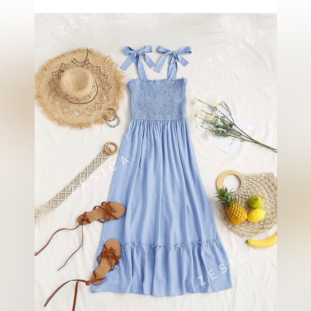 Boho Spaghetti Strap Square Neck Solid Color Ruff… - image 3